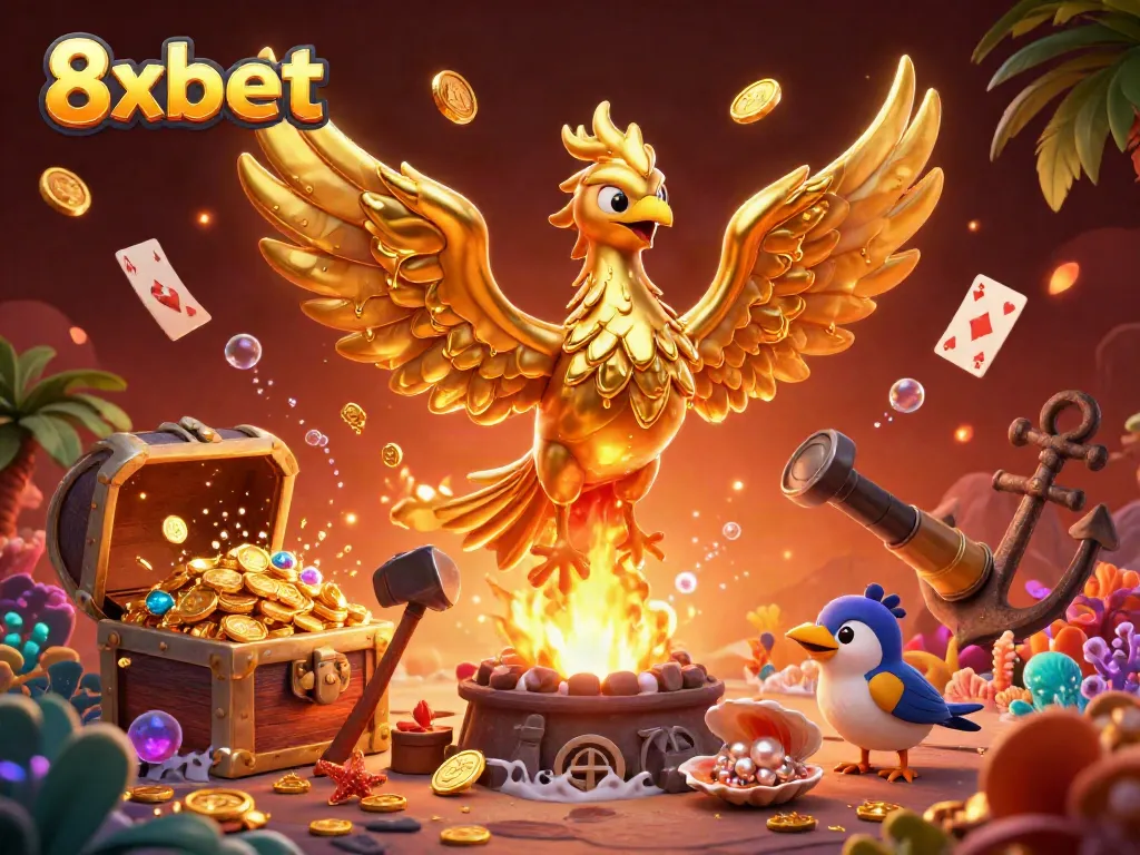 Engage in thrilling moments at 8xbet with golden phoenix emerging from a treasure-filled forge.