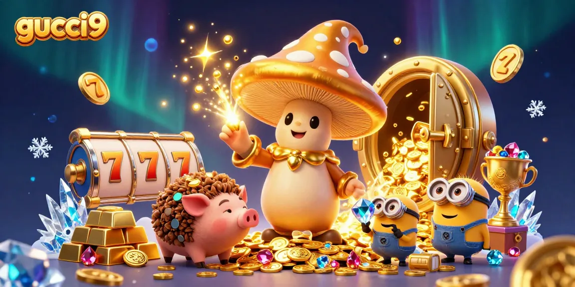 Experience thrilling jackpots with gucci9 in this vibrant 3D casino scene filled with magical treasures.