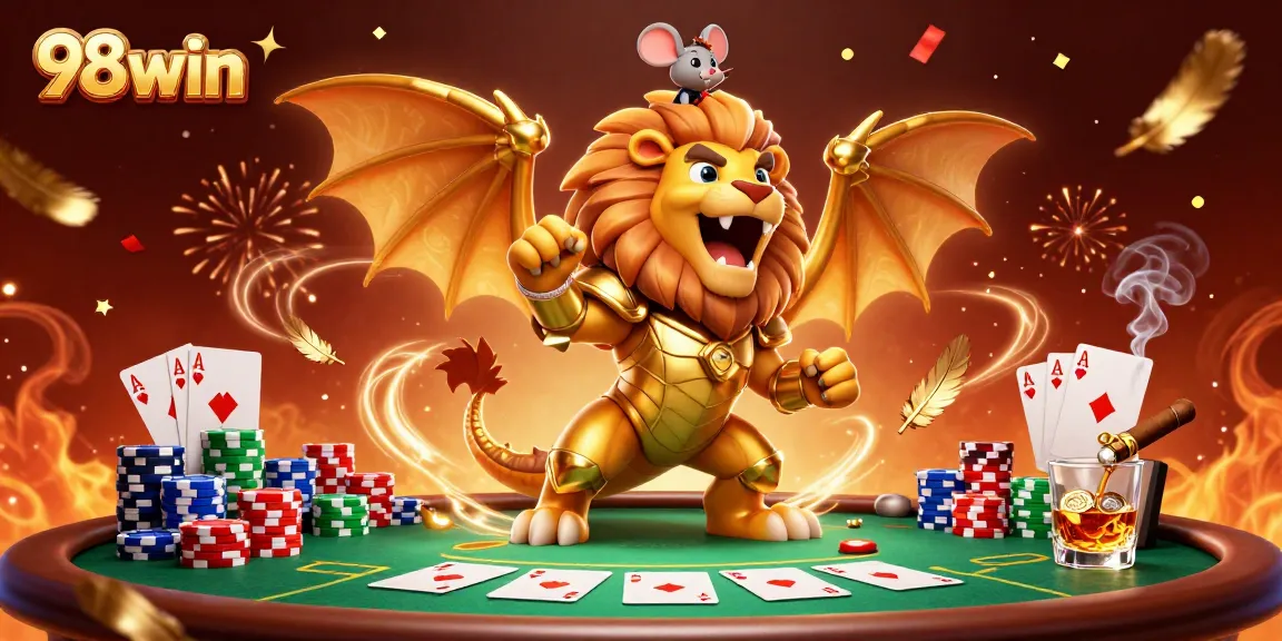 Engage in thrilling poker action at 98win, featuring a triumphant chimera with a mouse jockey.