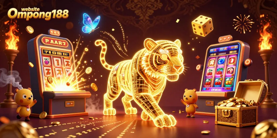 Mempelajar website Ompong188 dengan simbol slot dan jackpot yang menggelegar.