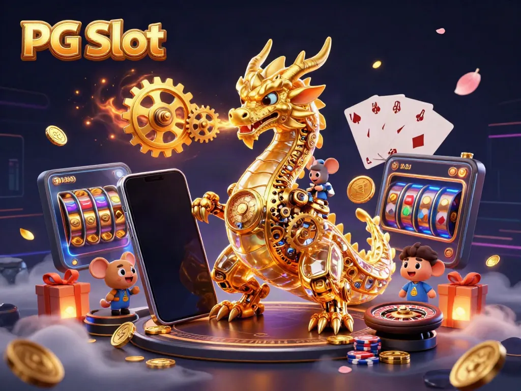 Permainan PG Slot dengan naga emas dan elemen kasino yang menakjubkan.
