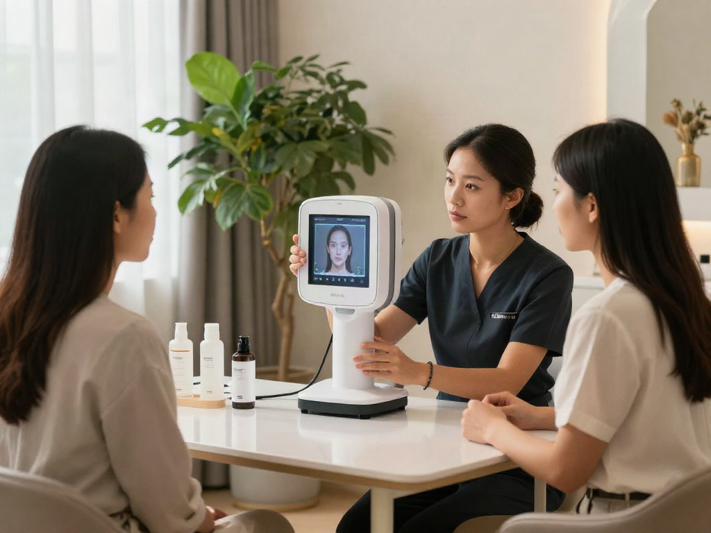 Client consultation demonstrating how ClinicEvo cheaper than QOVES offers advanced facial analysis technology.