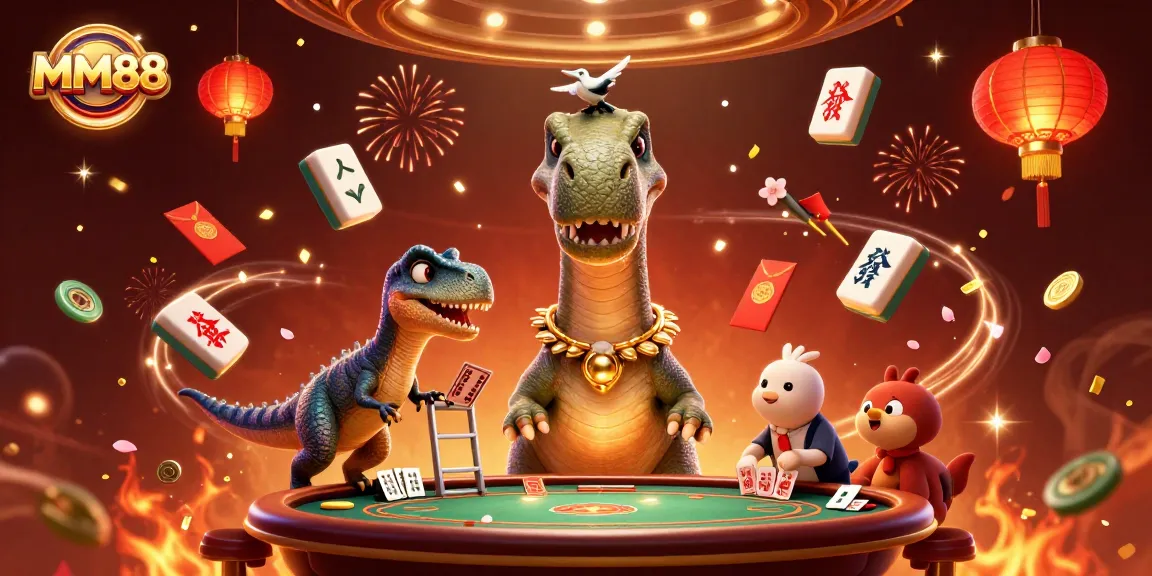 Engage with MM88's thrilling casino atmosphere featuring a towering dinosaur amidst vibrant gambling elements.
