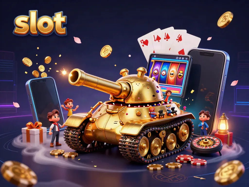 Engage with thrilling slot action featuring a golden beetle tank and vibrant gaming elements.