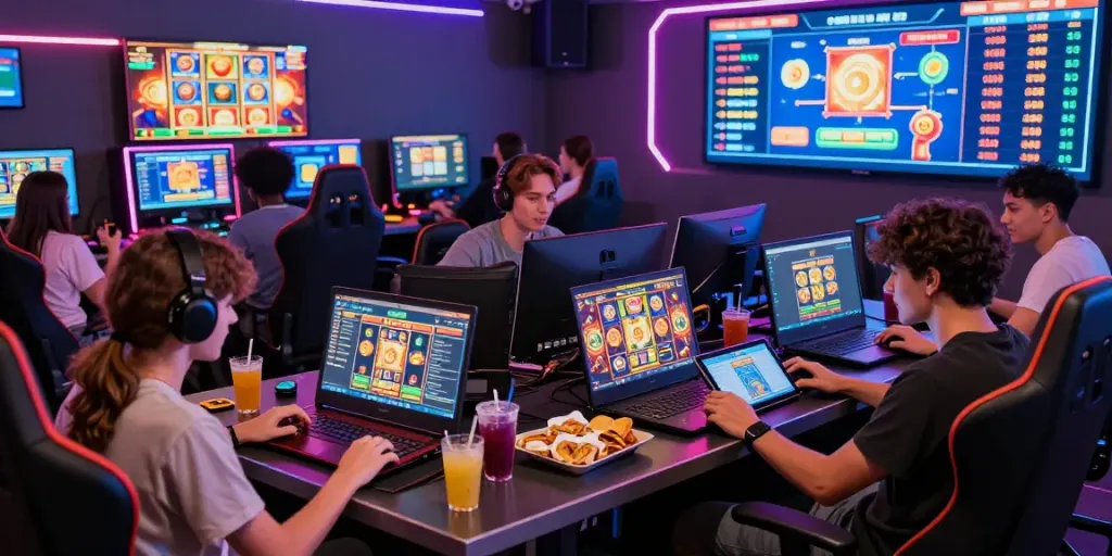 Exciting group playing slot online games in a vibrant gaming hub.