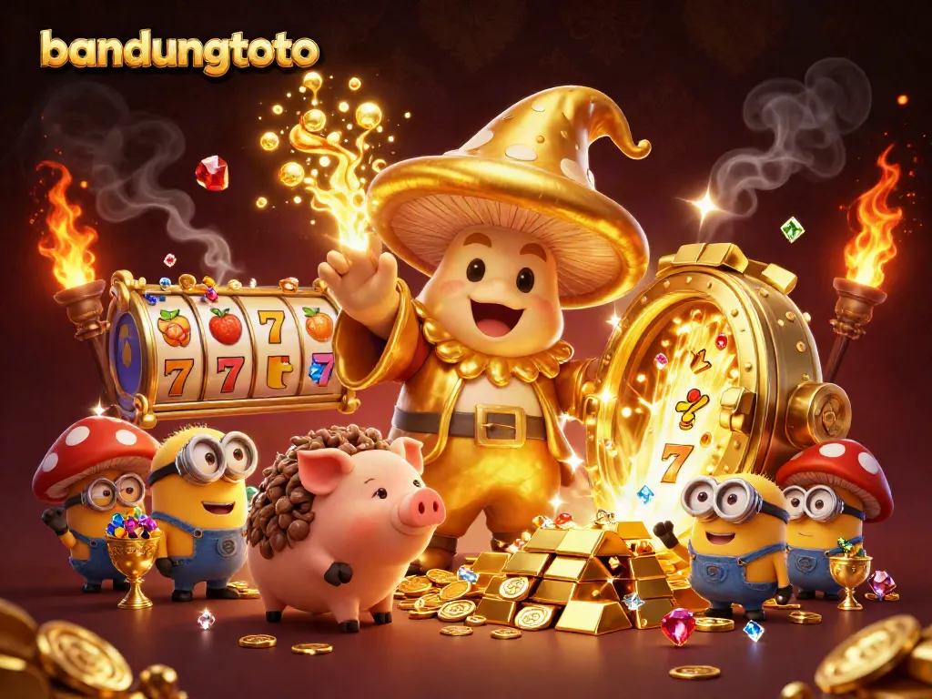 Experience exciting gameplay with bandungtoto, featuring a golden mushroom wizard and dynamic slot elements.