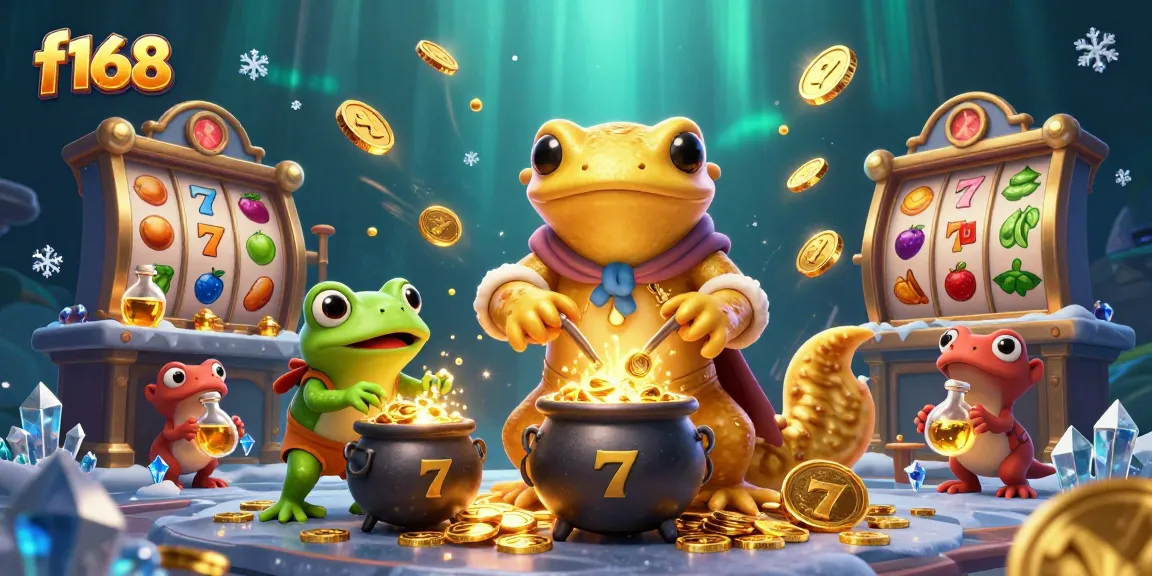 Experience thrill with f168's golden alchemist amidst magical casino elements and gold coins.