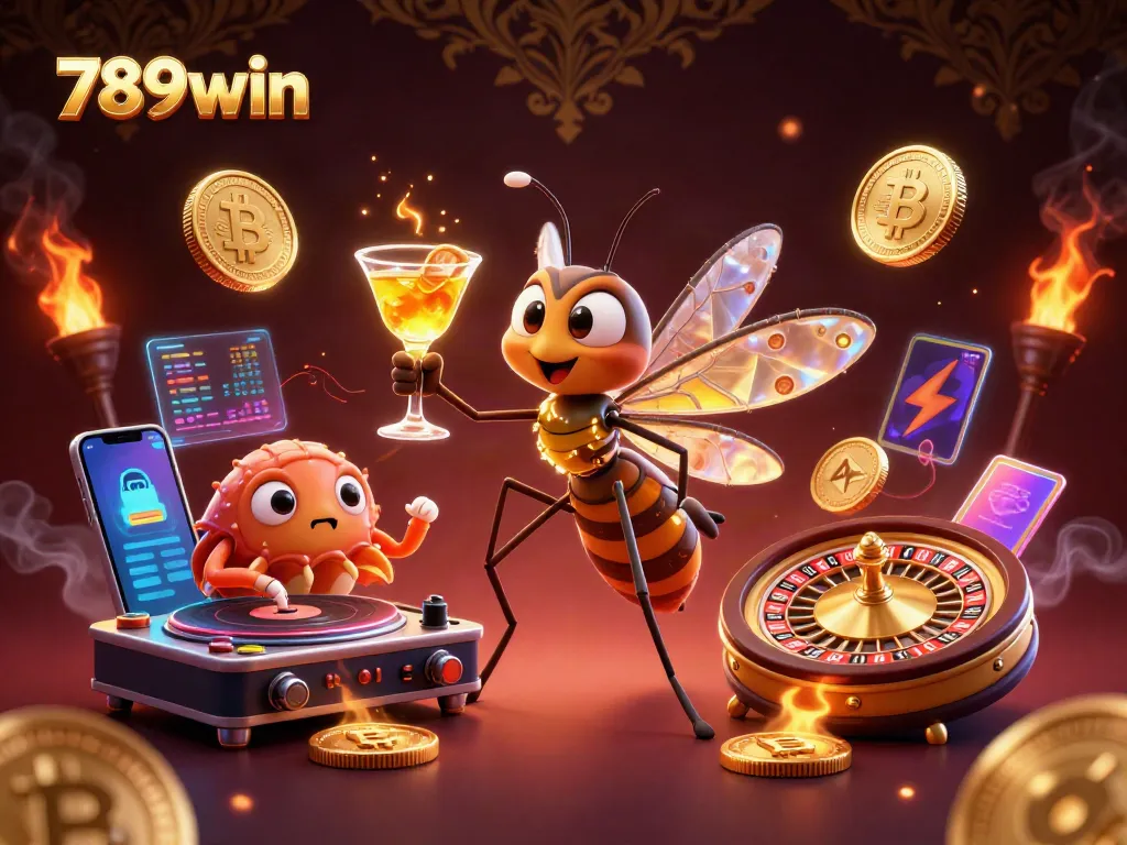 Engage with the exciting world of 789win, featuring vibrant casino elements and a lively mascot scene.