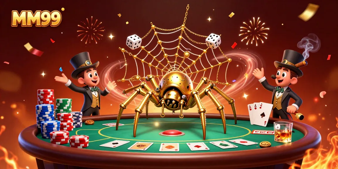 Engage with thrilling gaming experiences at MM99, featuring a golden spider weaving a web of luck.