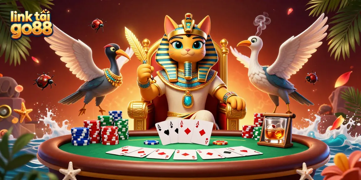 Engage in the thrill of link tải go88 with a vibrant casino scene featuring a royal Egyptian cat, poker dynamics, and colorful chips.