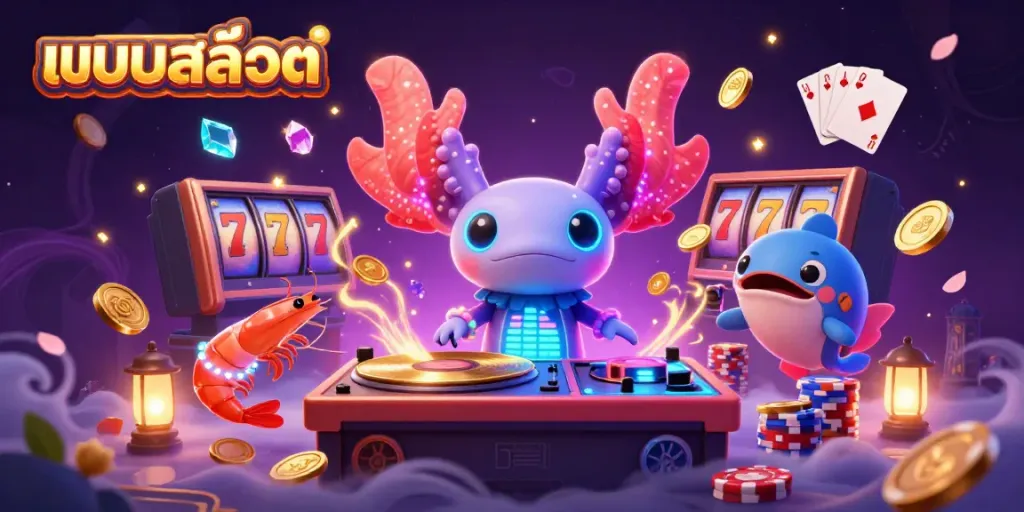 Immerse in the vibrant slots world with แบบสล็อต featuring neon characters and golden elements.