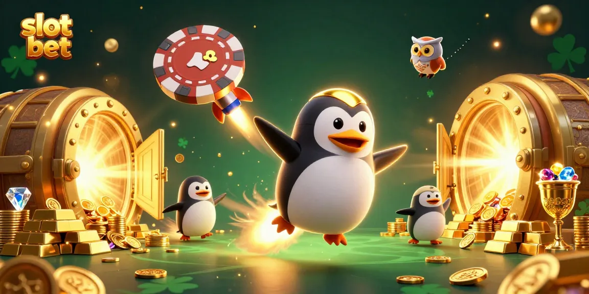 Slot bet menampilkan penguin emas bertenaga roket menuju kasino luar angkasa, dikelilingi koin emas dan harta berkilau.