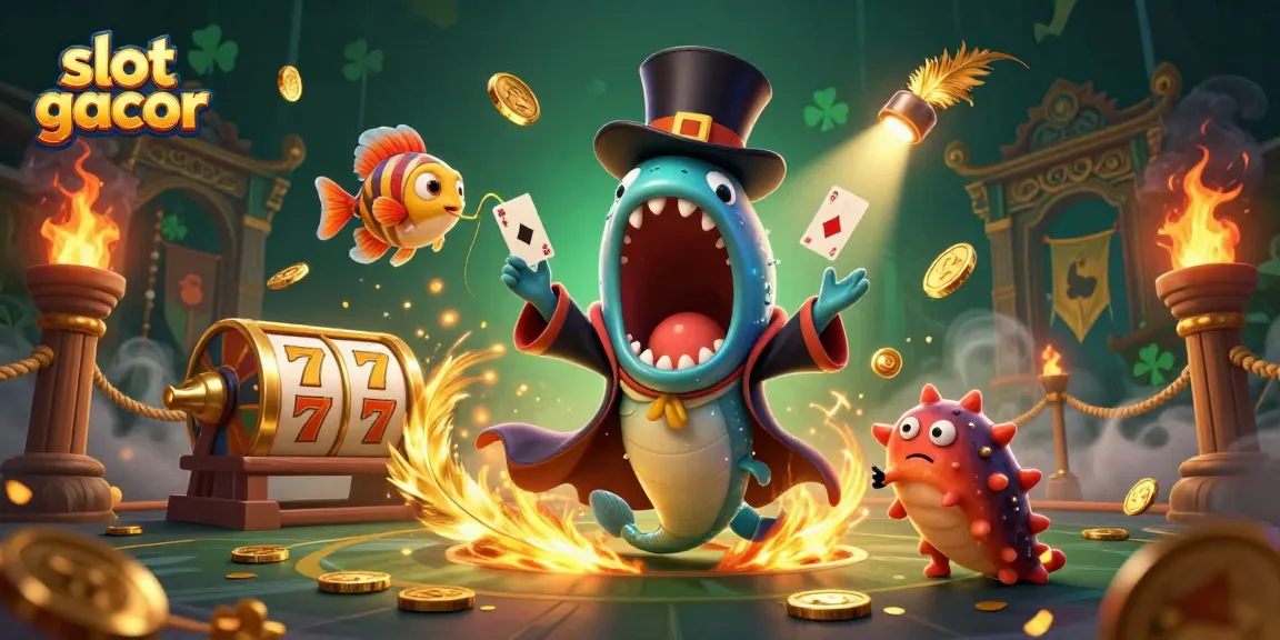 Spin to win with slot gacor as a vibrant scene of sea creatures performs magical tricks under dramatic lighting.