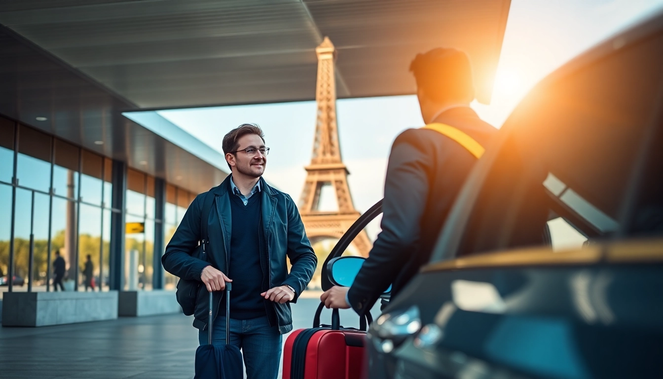 Transfer from Orly Airport to Paris with luggage assistance in front of the Eiffel Tower.