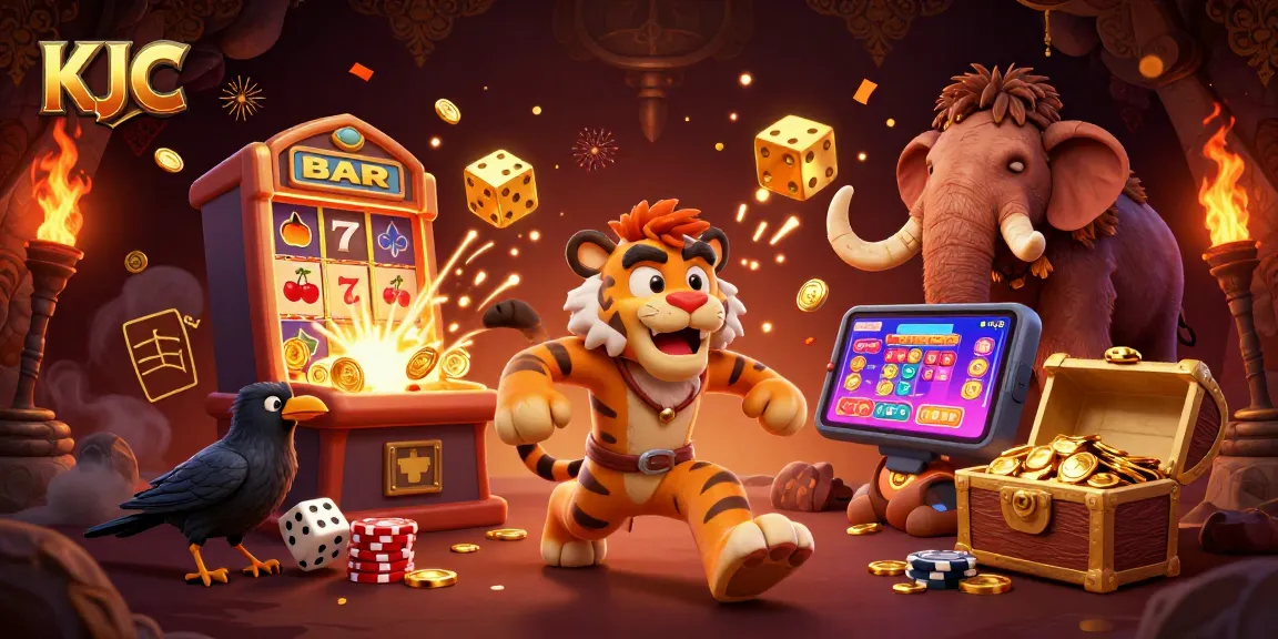 KJC casino scene showcasing a caveman and sabertooth running a prehistoric casino, complete with dynamic game elements.