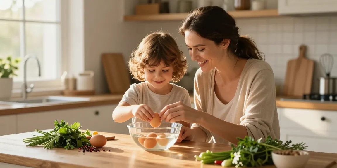 Uji kesegaran telur menggunakan metode Egg Float Test di https://www.eggfloattest.com/contact bersama keluarga di dapur yang hangat.