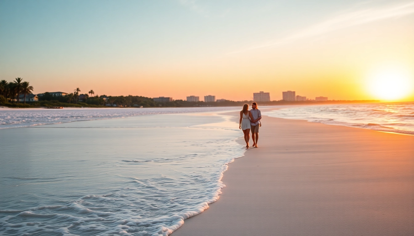 Experience serene sunset beaches in Pensacola FL with couples walking along soft sands.