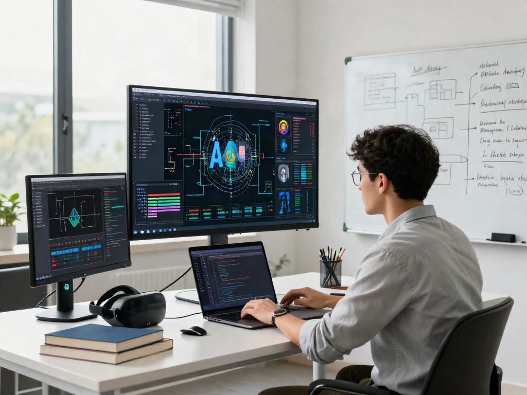 AI Image Detector analysis in a modern tech workspace showing algorithms on screen and a focused data scientist.
