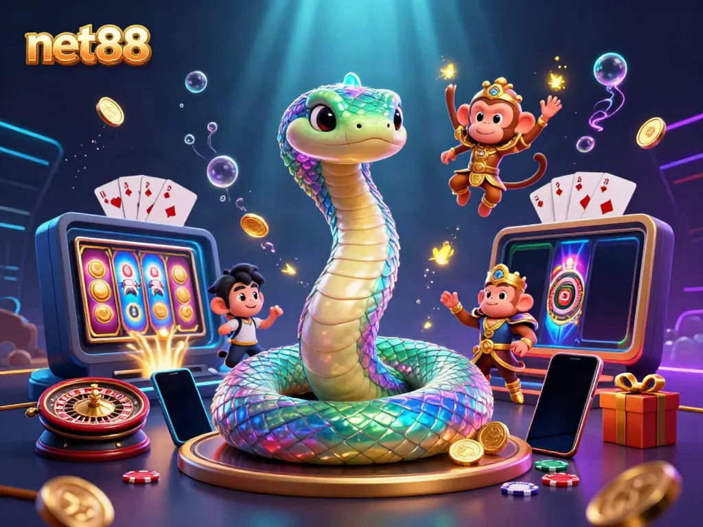 Experience thrilling gameplay with net88 in a vibrant 3D illustration featuring dynamic casino elements.