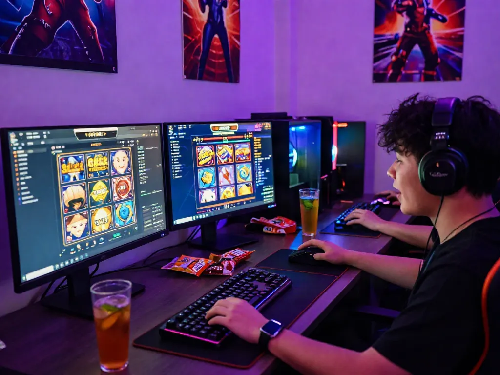 Engaged gamer exploring slot gacor games at a high-tech gaming setup, showcasing vibrant atmosphere and energy.