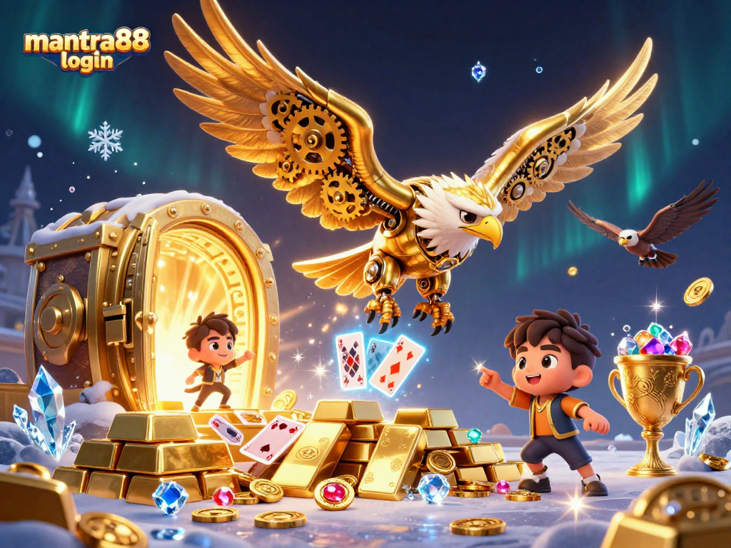 Experience the thrill of mantra88 login with a stunning 3D illustration featuring a golden eagle amidst holographic playing cards.
