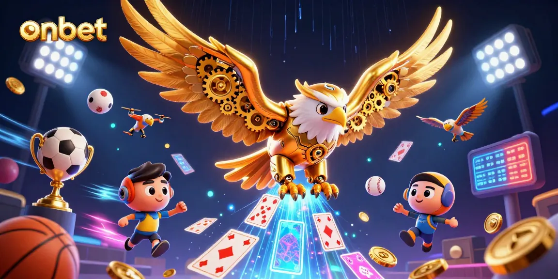 Engage with onbet's exciting casino action as a golden eagle dives through holographic cards.