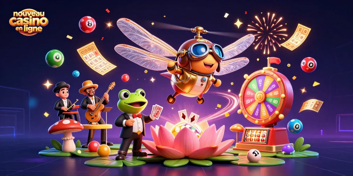 Jouer dans un nouveau casino en ligne avec une image vibrante d'un croupier grenouille et un pilote libellule.