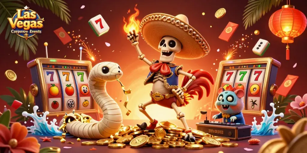 Experience vibrant Las Vegas Corporate Events with animated characters celebrating on golden coins.