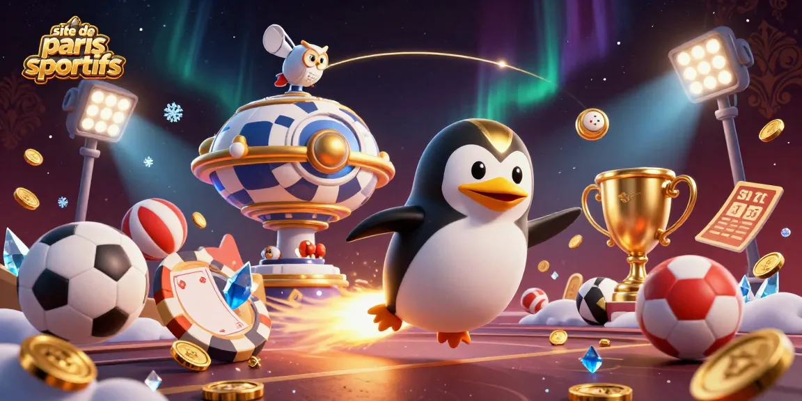 Parier sur le site de paris sportifs avec un pingouin doré et des éléments dynamiques de sport.