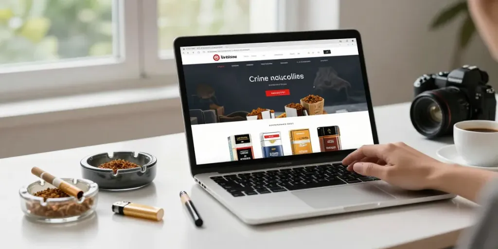 Shopping for cheap tobacco and cigarettes online with a laptop in a cozy workspace.
