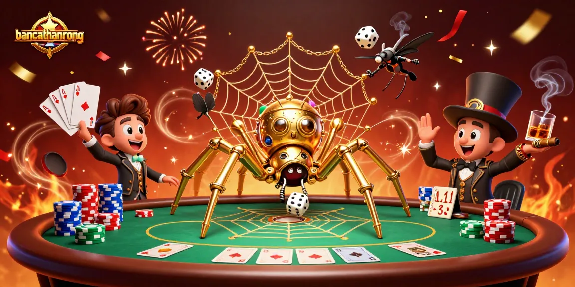 Bancathanrong showcases a golden spider capturing dice in a vibrant casino scene, symbolizing luck.