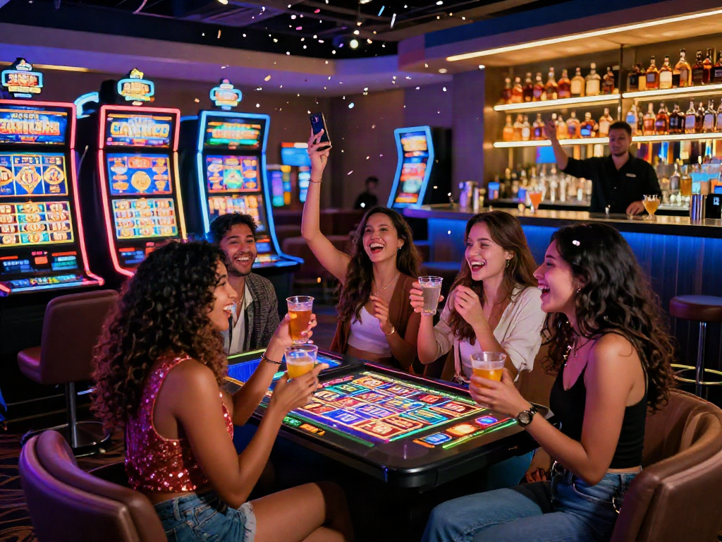 Friends celebrating a big win at the situs slot area in a vibrant casino atmosphere