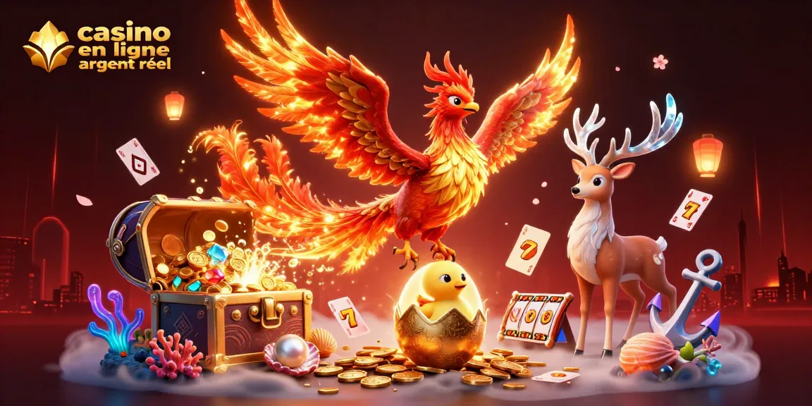 Jouez sur un casino en ligne argent réel avec une illustration dynamique de personnages de jeux.