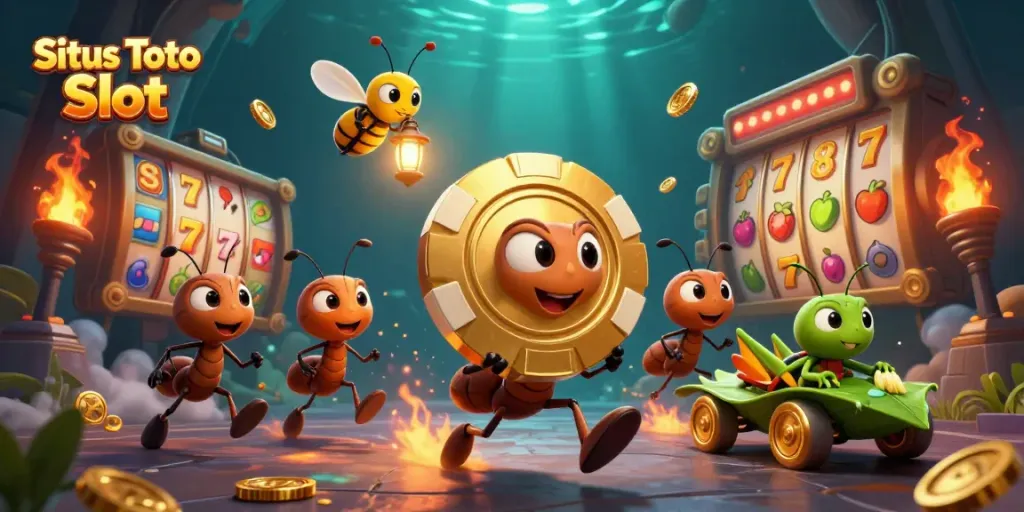 Mendapatkan kemenangan besar di Situs Toto Slot dengan tim semut kartun 3D membawa chip poker emas.