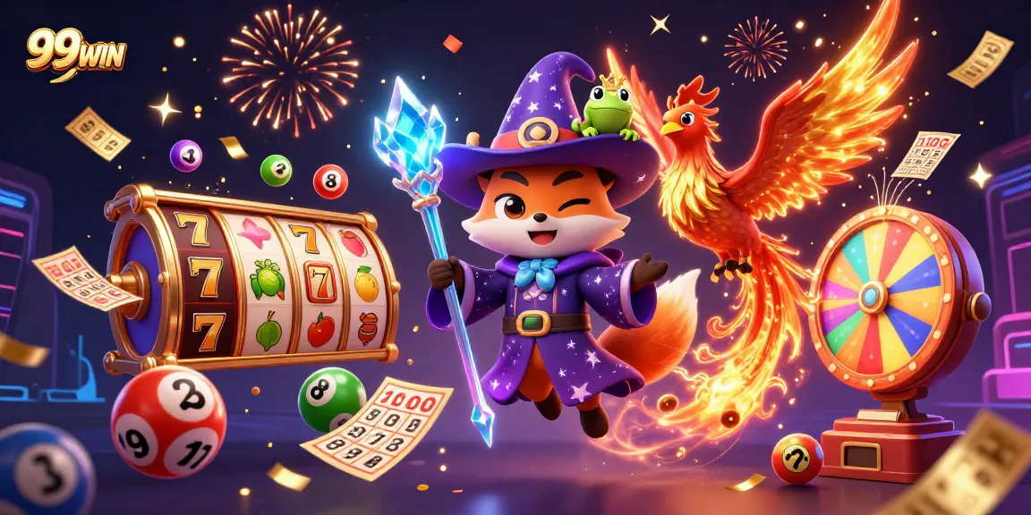 Experience thrilling slots and jackpots at 99WIN with vibrant casino elements and fantasy characters.