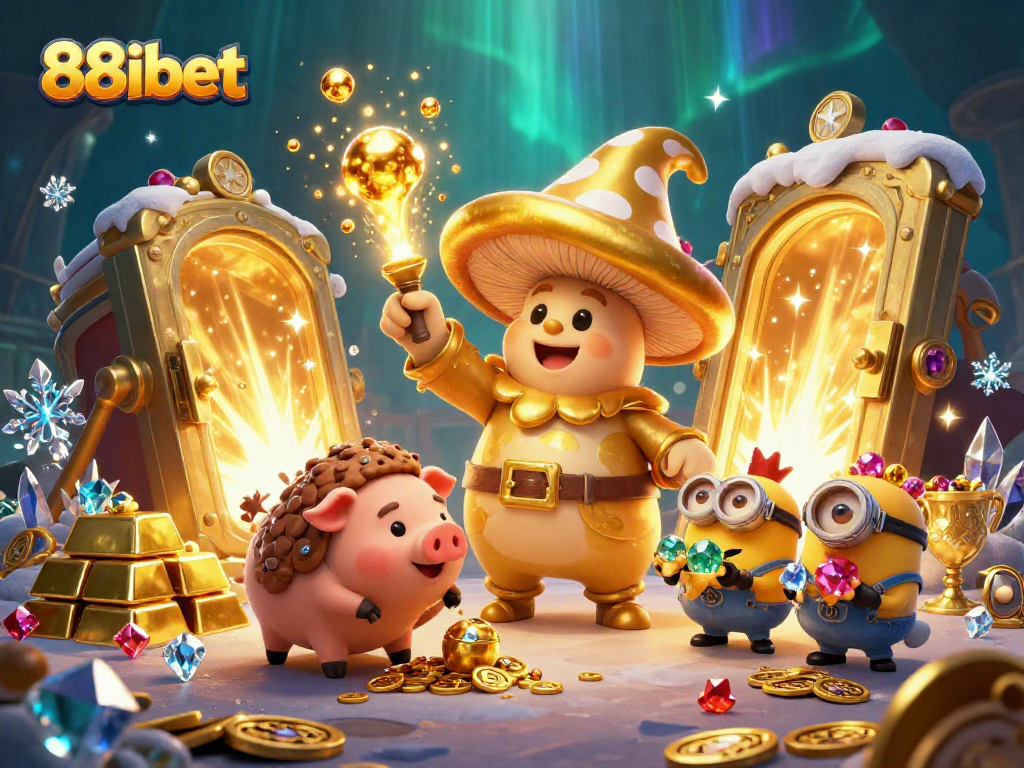 Immerse in the magic of 88ibet with a golden mushroom wizard and treasures in this 3D illustration.
