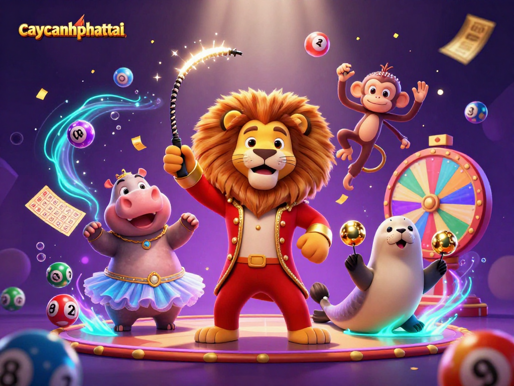 Engage with caycanhphattai as a ringmaster lion leads lottery excitement surrounded by dynamic colorful elements.