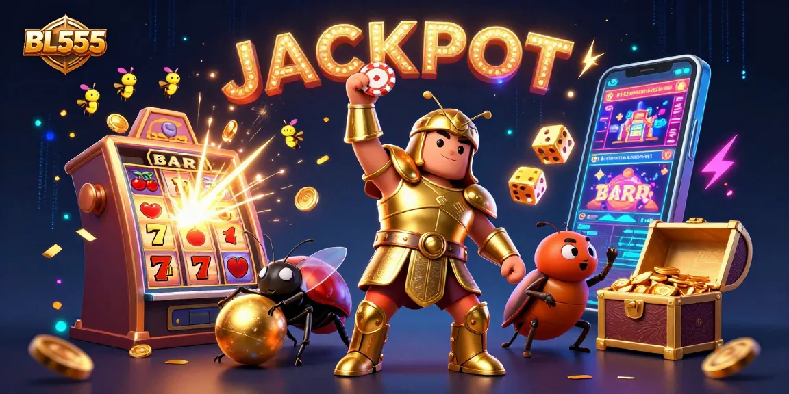 Experience thrilling gameplay at BL555 with a heroic beetle, jackpot explosions, and exciting casino elements.