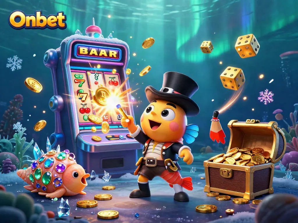 Engage with Onbet's thrilling slots as golden coins spill from a winning slot machine.