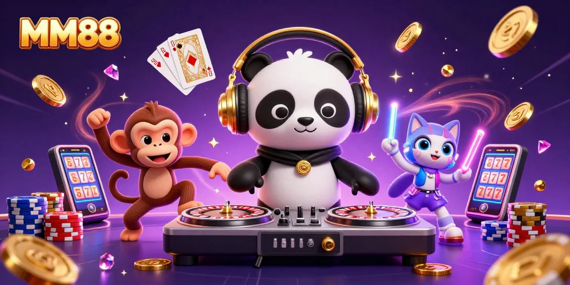 Spin the luck with MM88 at this vibrant casino-themed digital scene featuring playful 3D characters.