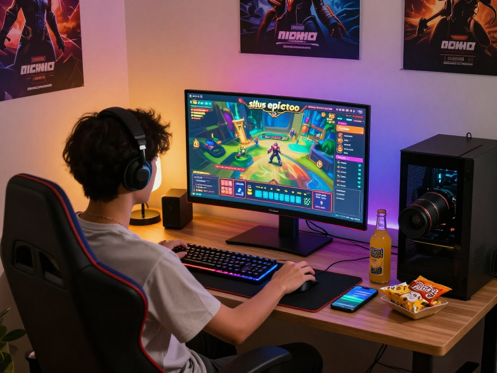 Seorang pemain situs epictoto sedang asyik bermain game di ruang gaming yang modern dan nyaman.