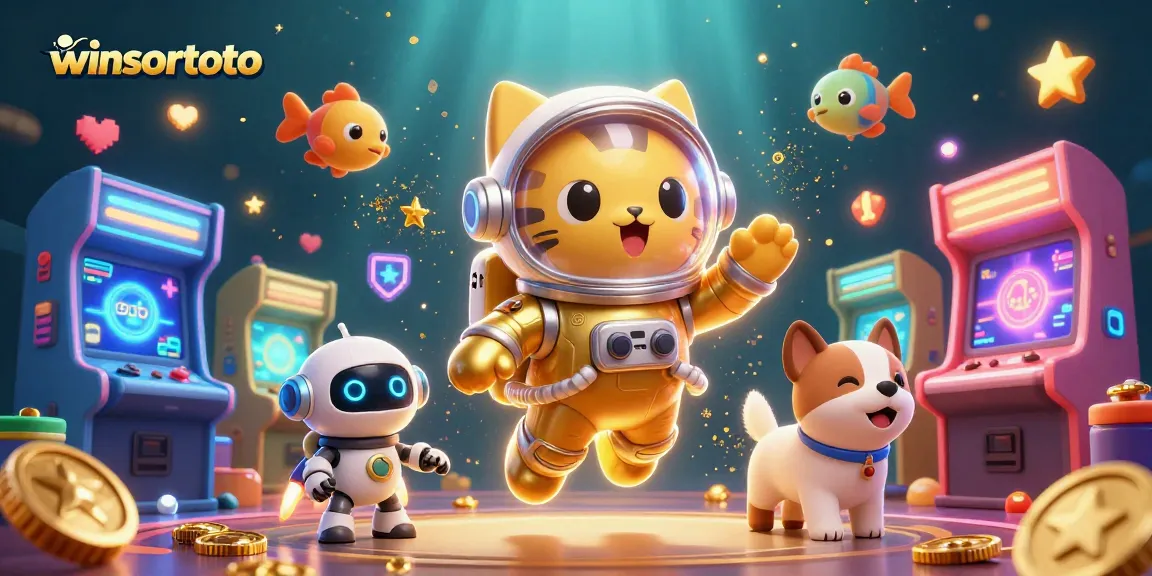Menangkan permainan dengan winsortoto, ilustrasi 3D detail tinggi menunjukkan kucing astronot dan anjing robot di tengah keseruan kasino.