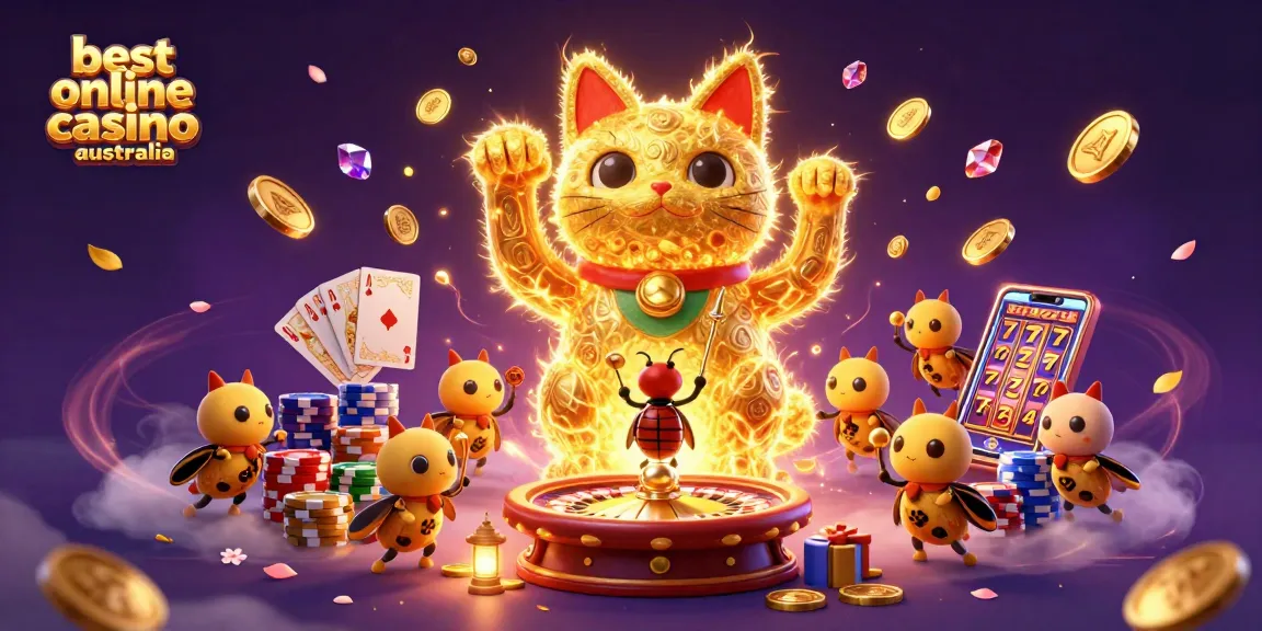 Capture the magic at the best online casino Australia with a vibrant lucky cat and dynamic gaming elements.