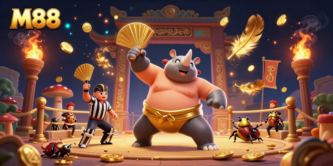 M88 engages players with thrilling betting action in a vibrant sumo arena filled with coins and dynamic characters.