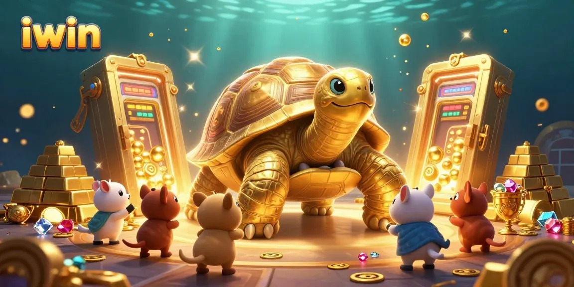 Engage in iwin's excitement with a golden tortoise pinball machine amidst treasures and vibrant casino elements.