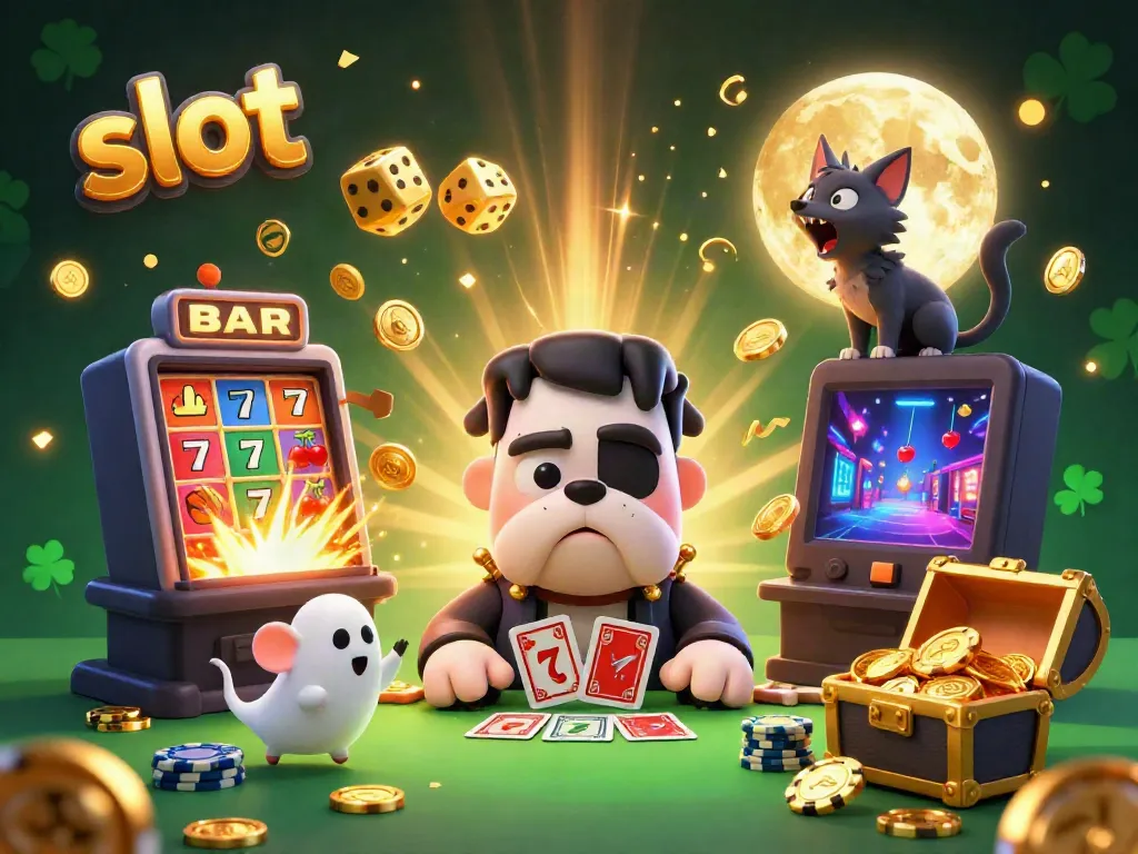 Menangkan permainan slot dengan monster bulldog Frankenstein di meja yang menghantui, dikelilingi oleh simbol keberuntungan.