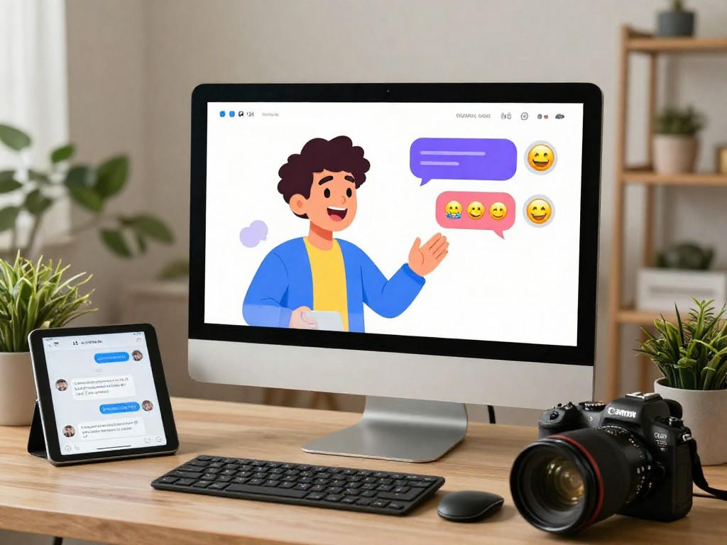 Engaging home office scene showcasing spicy chat ai interaction with colorful chat bubbles and cozy atmosphere.