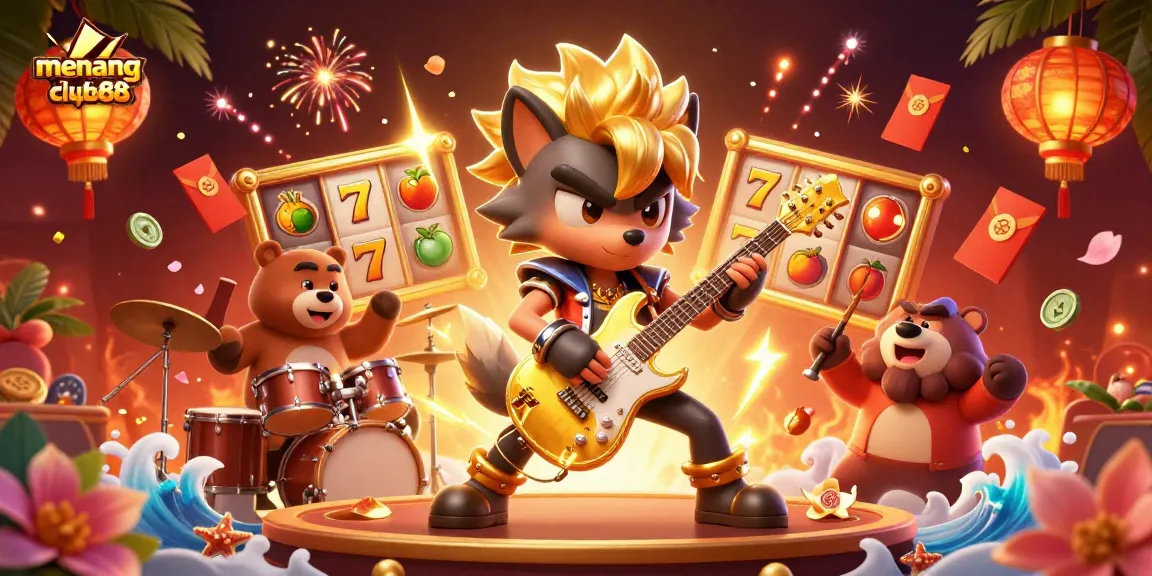Experience vibrant casino action with menangclub88 featuring a rock star wolf and a drummer bear.