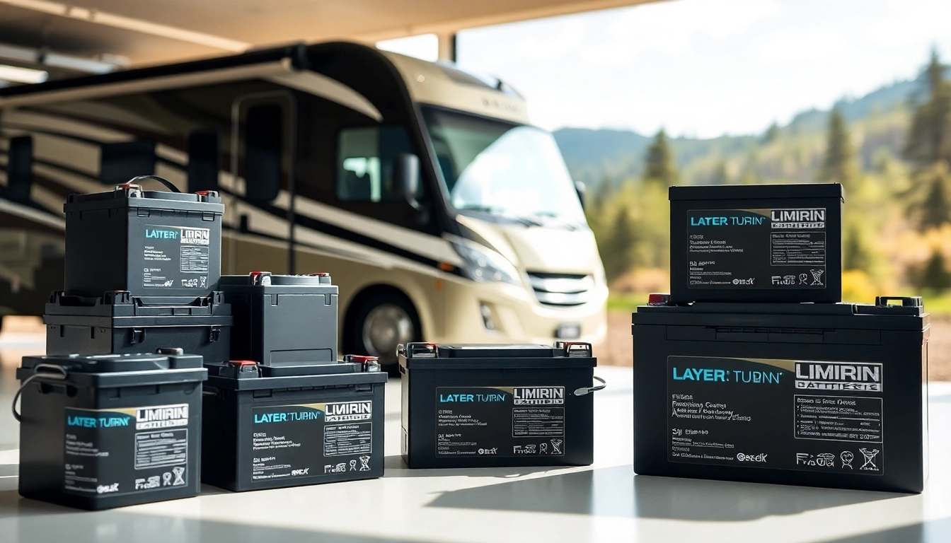 Promoting lithium RV batteries with various specifications in an inviting outdoor setting.