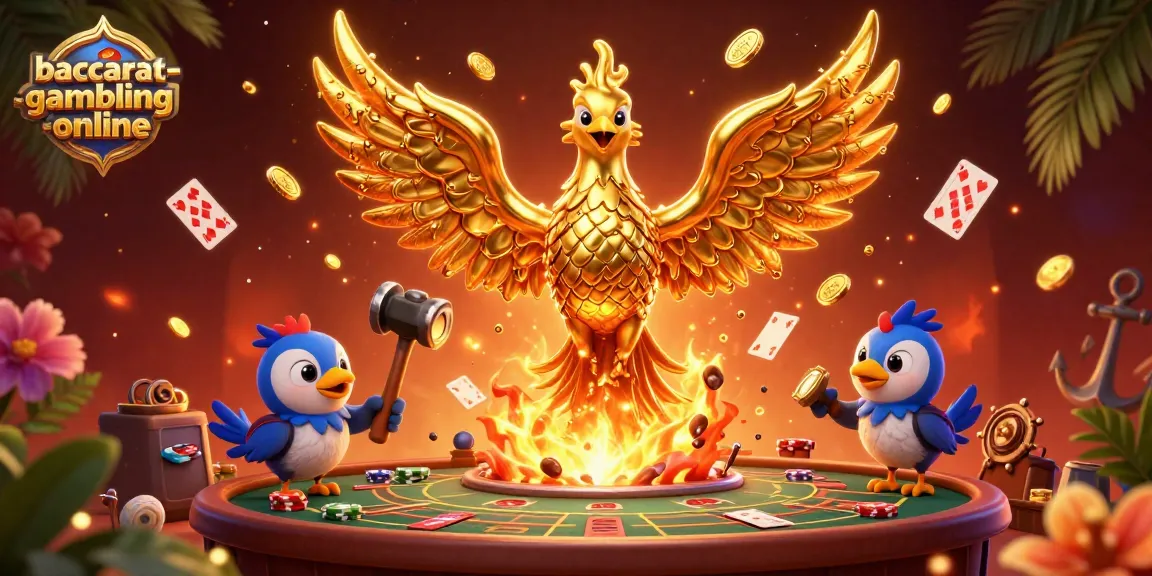 Baccarat-gambling-online illustrates a molten phoenix and sparrow assistants amidst a vibrant casino scene.